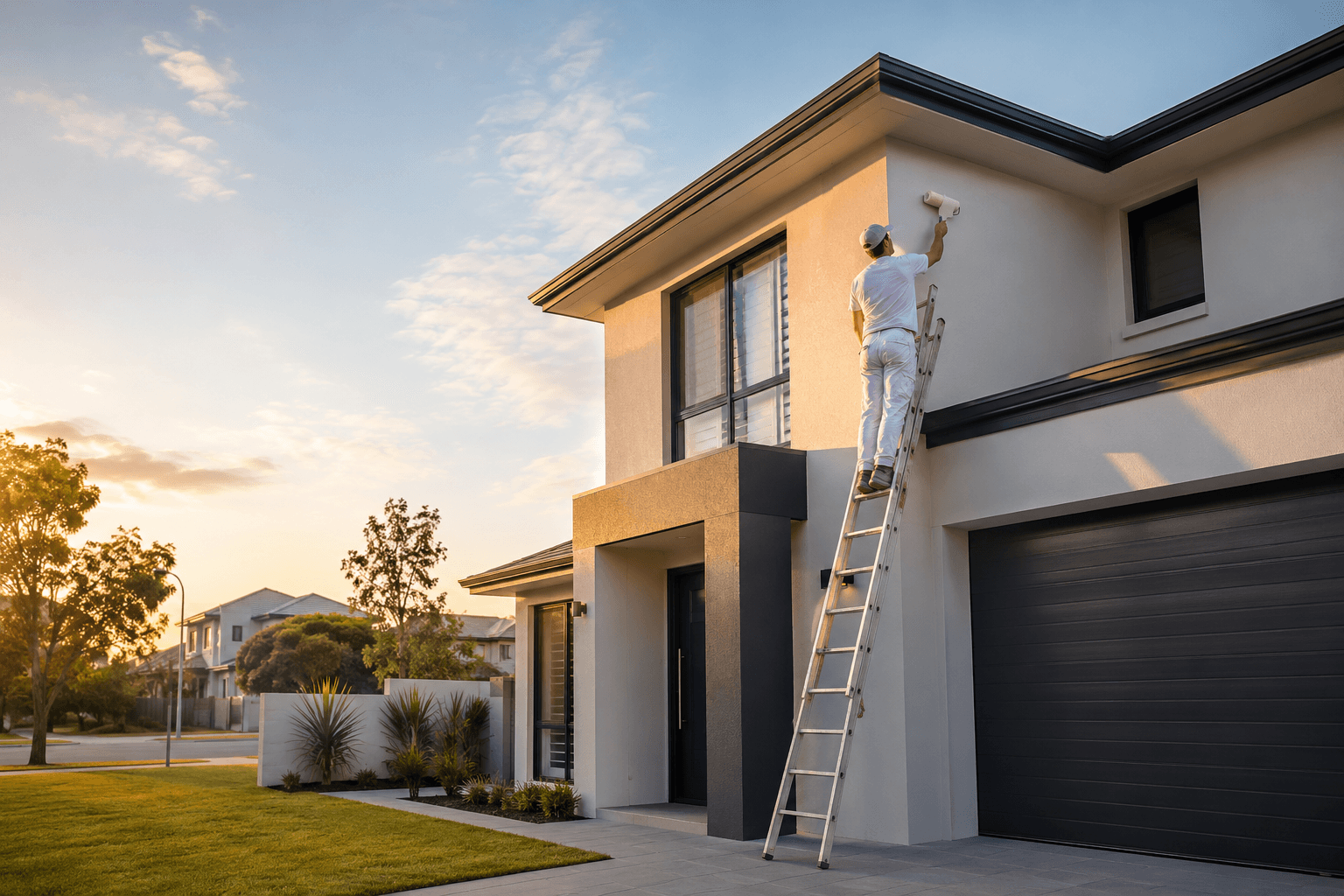 TitanLux painter applying a premium finish to a Perth home exterior at golden hour